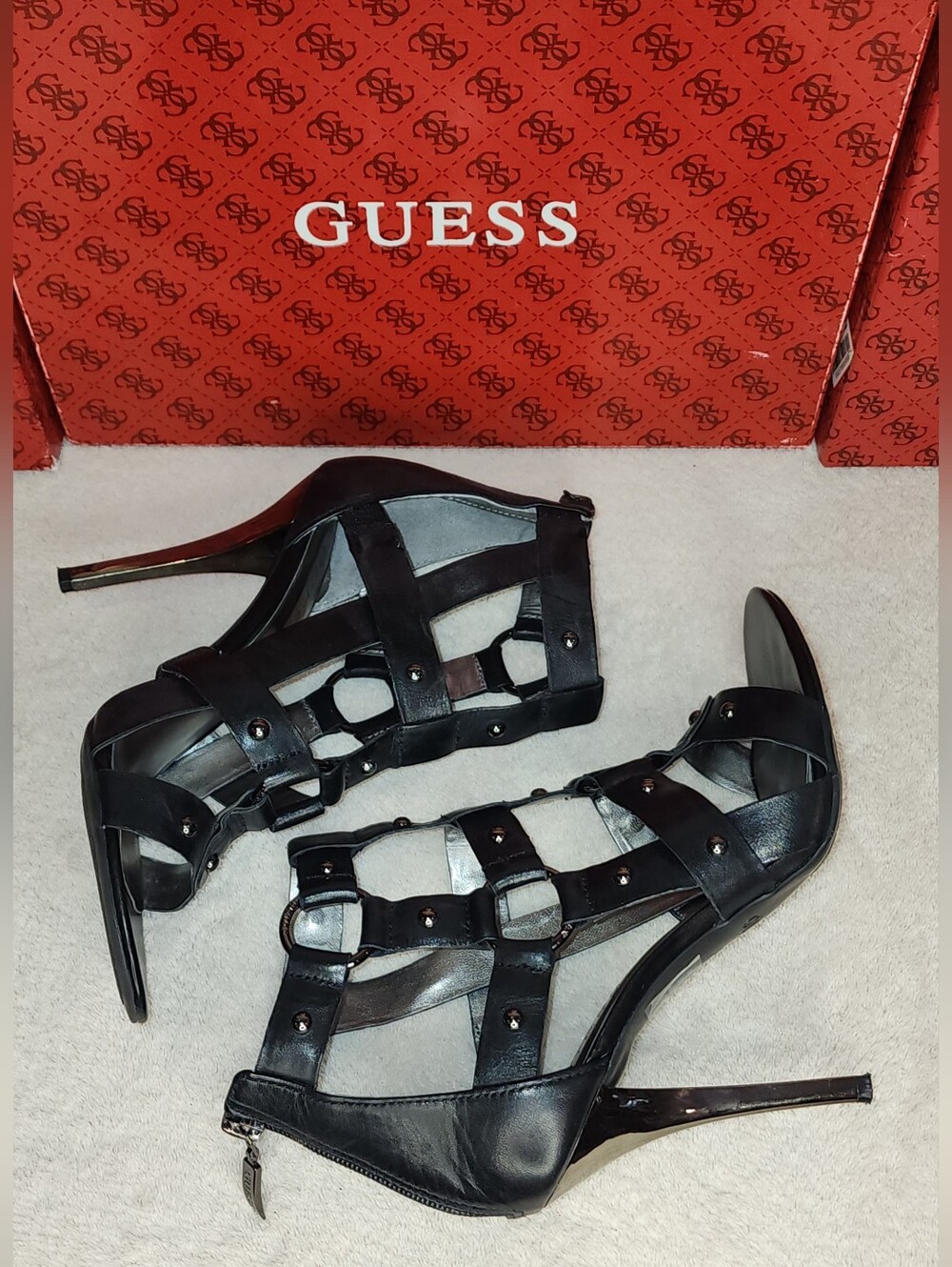 GUESS Black Studded Buckle Gladiator High-Heel Sandals